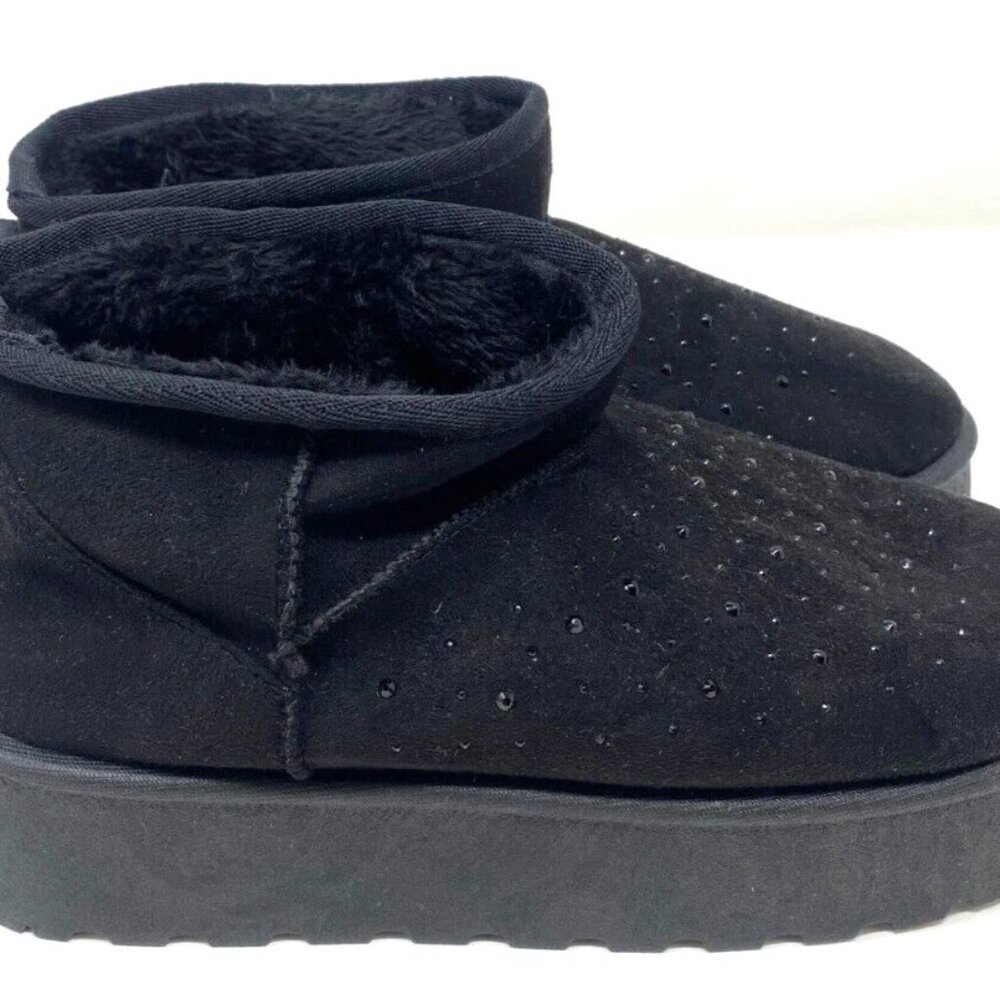 Love83 Faux Fur Platform Short Black Rhinestones Ankle Booties Black Size 8